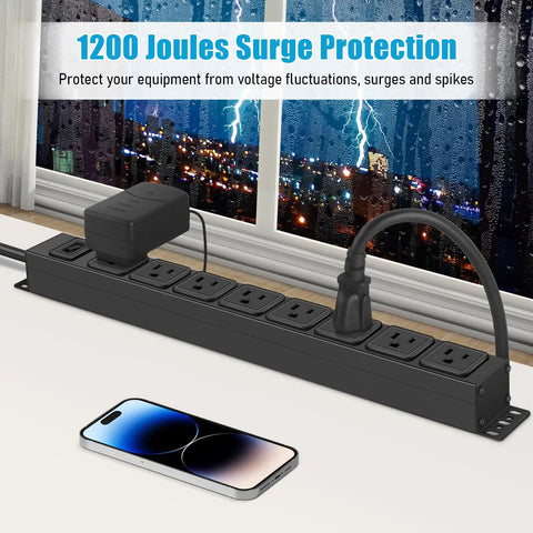 Eight Outlet Magnetic Power Strip With 6 Ft 14AWG Cord Mounts On Metal Surfaces No Drill Setup Includes Four Screws For Easy Wall Or Desk Use Perfect For Garage Shop Or Home Office, black metal 8-outlet surge strip on desk