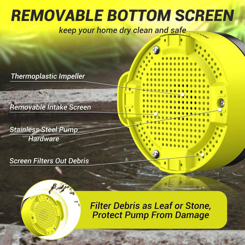 Next Level Half Horsepower Submersible Water Pump with removable bottom screen for debris filtering and stainless steel hardware.