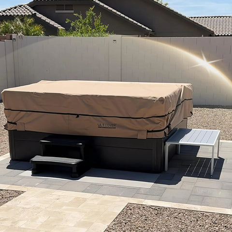 Waterproof 600D Polyester Square Hot Tub Cover For Outdoor Spas 85 By 85 Inch All Weather Protection Against Rain Snow Leaves Dust And Bird Droppings Strong Fit Requires Insulated Hard Cover Underneath covering a hot tub