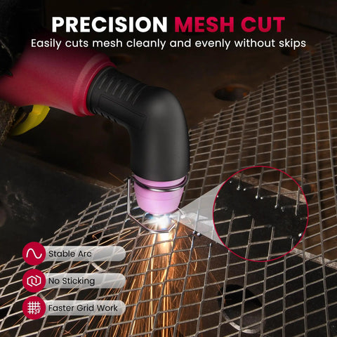 55A Dual Voltage Plasma Cutter With Pilot Arc cutting metal mesh with precision, showing detailed cut edges, ideal for metal fabrication projects