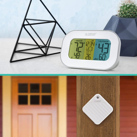 Wireless Temp Station with outdoor sensor and tri color LCD for real time indoor and outdoor temp readouts, humidity tracking.
