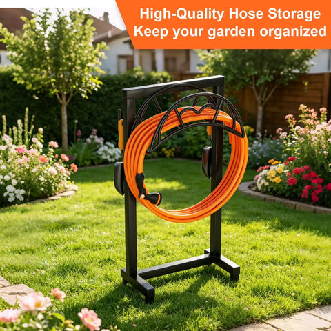 Freestanding Heavy Duty Garden Hose Holder With Upgraded Metal Stand in garden, holding orange hose, two support poles visible