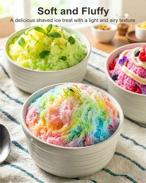 Colorful bowls of fluffy shaved ice, showcasing vibrant flavors, served with mint for a refreshing summer treat. Cool Blue 130W Electric Shaved Ice Machine And Snow Cone Maker Featuring Smart Overheat Protection And A Fast Ice Shaver With Two Bonus Ice Cups That Hit Different For Real Summer Vibes.