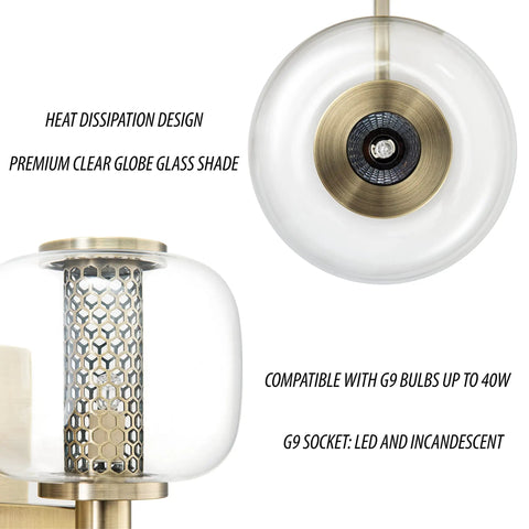 Close-up of Vintage Refined Bathroom Vanity Light with Brushed Brass Finish, showcasing clear globe shade and honeycomb detail.