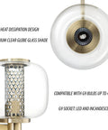 Close-up of Vintage Brushed Brass Vanity Light With Clear Glass Globe Lampshades, showing G9 socket and dissipation design.