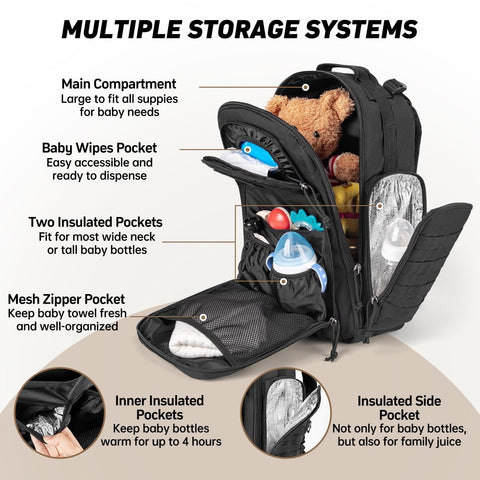 Military Style Dad Diaper Backpack With Changing Pad For Travel And Camping Trips Large Black Baby Bag With Rugged 900D Oxford Fabric Ample Pockets Ideal Newborn Shower Gift, showing multiple storage systems including insulated and mesh zipper pockets.
