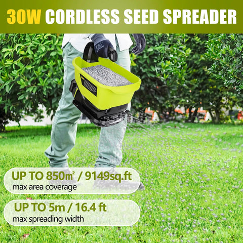 Person using 18V Battery Powered Grass Seed And Salt Spreader For Ryobi Tools, 3.7L Large Hopper Handheld Fertilizer Spreader