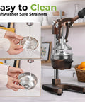 Heavy Duty Cast Iron Citrus Juicer Press showing detachable strainers being cleaned under water for easy cleaning.