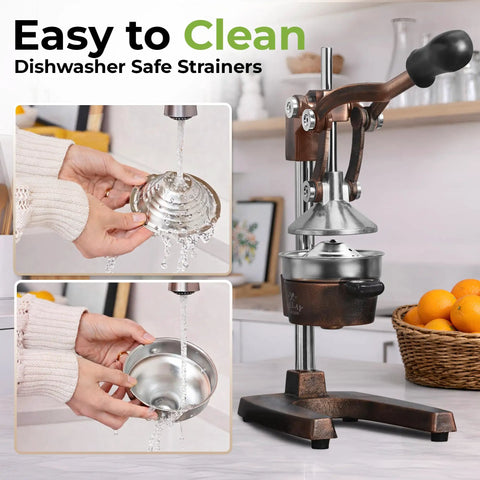 Heavy Duty Cast Iron Citrus Juicer Press showing detachable strainers being cleaned under water for easy cleaning.