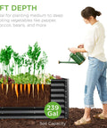8x2x2 Ft Outdoor Metal Raised Rectangular Garden Bed With Open Base Drainage Heavy Duty Deep Root Planter For Vegetables Flowers Herbs And Succulents 239 Gallon Capacity Gray with side view of garden bed cutaway showing planted vegetables and a person watering.