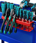 Magnetic Screwdriver Holder And Heavy Duty Tool Organizer Rack For Garage Wall Mount Keeps Your Screwdrivers, Pliers, And Shears Neat On Pegboards, Tool Carts And Workbenches, holding tools on a blue cart