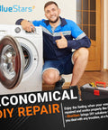 Technician repairing front load washer using upgraded washer shift actuator replacement for Whirlpool Crosley Maytag Kenmore.