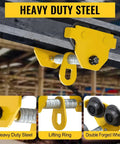 Beefy Heavy Duty Beam Trolley Hoist For 3 Ton Load Capacity Up To 6600 Lbs With Dual Track Rollers And Adjustable 2.5 To 5 Inch Flange For I Beam Steel Lifting And Precise Manual Or Electric Positioning, yellow steel beam trolley on I-beam