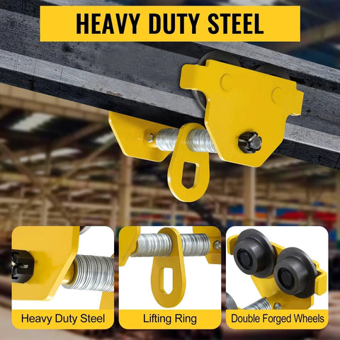 Beefy Heavy Duty Beam Trolley Hoist For 3 Ton Load Capacity Up To 6600 Lbs With Dual Track Rollers And Adjustable 2.5 To 5 Inch Flange For I Beam Steel Lifting And Precise Manual Or Electric Positioning, yellow steel beam trolley on I-beam