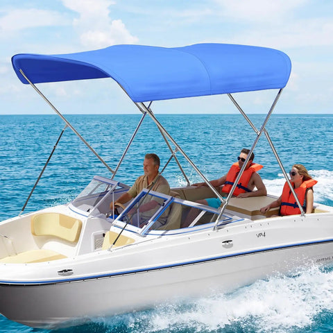 Powerboat with blue canopy featuring Two Pack Bimini Top Deck Hinges Built From 304 Stainless Steel Marine Hardware