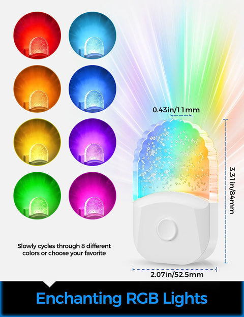 2 Pack Plug In Night Lights For Kids With Dusk To Dawn Sensor Warm White And RGB Color Modes LED Wall Nightlight showing color options