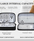 Open Electronic Organizer Travel Case for Cables and Gear, showing two compartments with cables and a phone inside.