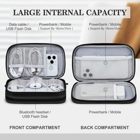 Open Electronic Organizer Travel Case for Cables and Gear, showing two compartments with cables and a phone inside.