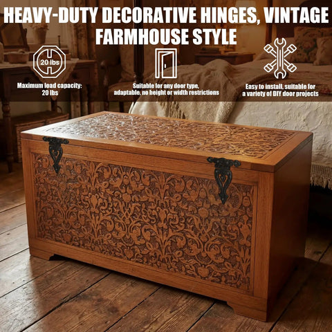 Wooden chest with 16 Pack Antique Vintage Cast Iron Heavy Duty T Hinges 5.3 Inches Black Powder Coated Flush Mount in farmhouse style room