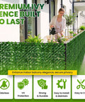 120 By 40 Inch Faux Ivy Privacy Fence Screen With A Reinforced Plastic Grid Base on a balcony for decor and privacy.