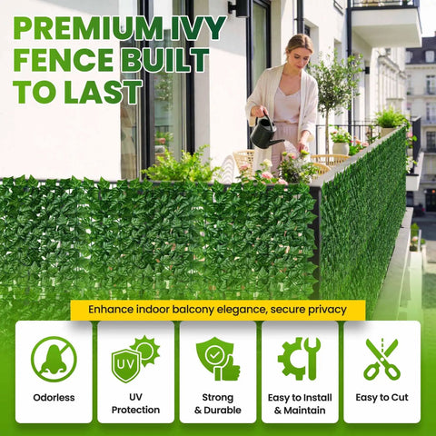 120 By 40 Inch Faux Ivy Privacy Fence Screen With A Reinforced Plastic Grid Base on a balcony for decor and privacy.