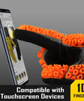 Cut Resistant Work Gloves With Impact TPR Protector And Nitrile Dipped Grips, Oil Resistant, Touchscreen Ready, ANSI ISEA 138 Approved, Orange Large displayed interacting with smartphone.