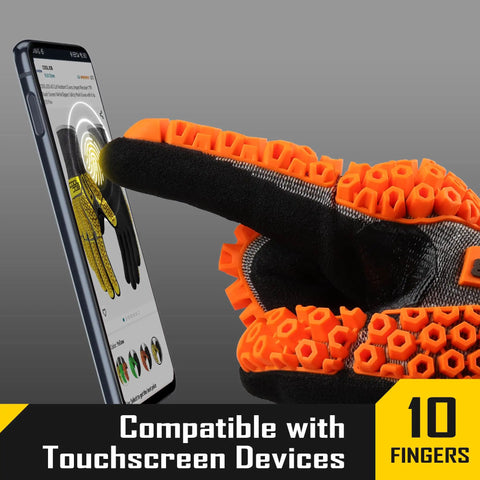 A5 Cut Resistant Gloves With Impact TPR Shield Touchscreen Nitrile Dipped Safety Work Gloves demonstrating touchscreen use.