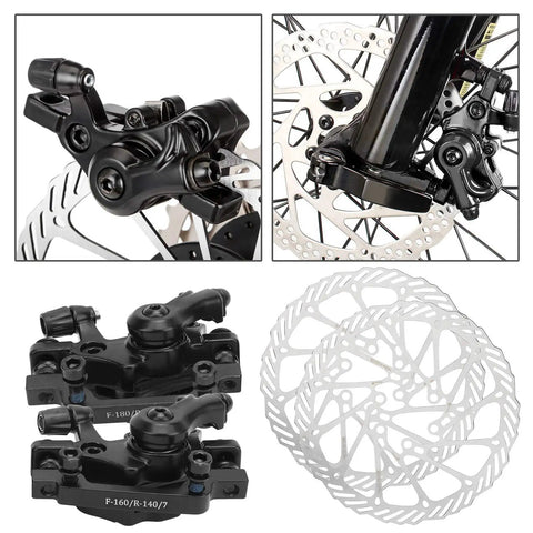 Heavy Duty Mechanical Disc Brake Kit For Mountain And Folding Bikes Featuring Rock Solid Aluminum Calipers and rugged rotors close up.