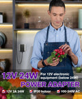 Man in kitchen with 24 Watt 2 Amp LED Power Supply 110V AC To 12V DC Transformer UL Listed Non Dimming Lighting Power Adapter