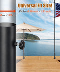 Ultra Stable Stainless Steel Umbrella Tube Base For Outdoor Deck Patio 0.68 To 1.81 Inch Tube Fit Heavy Duty Flag Pole Stake Holder Table Bracket DIY Mount Drainable Bottom 1 Pack shown with outdoor umbrella and flagpole on deck