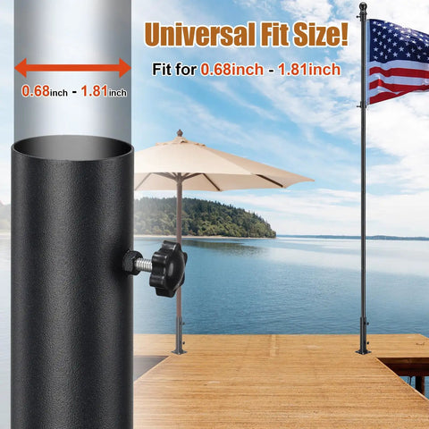 Ultra Stable Stainless Steel Umbrella Tube Base For Outdoor Deck Patio 0.68 To 1.81 Inch Tube Fit Heavy Duty Flag Pole Stake Holder Table Bracket DIY Mount Drainable Bottom 1 Pack shown with outdoor umbrella and flagpole on deck