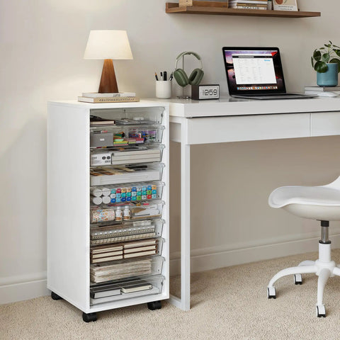 Rolling Storage Cart With 10 Large Clear Drawers, Mobile Makeup And Craft Organizer On Wheels, White next to a desk in an office.