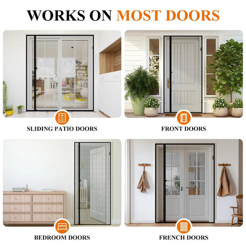 Magnetic Screen Door For 32 By 80 Inch Openings, Reversible Left Or Right Install, on sliding, front, bedroom, French doors