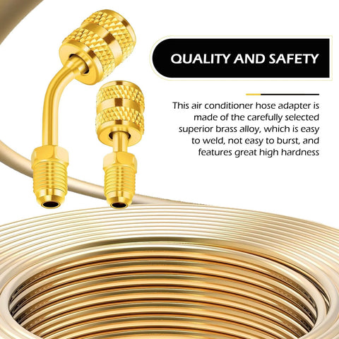 Gold brass Zikefest R410A mini-split adapter fittings; 5/16 in female to 1/4 in male flare, 2 straight + 2 angled