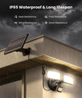 Onforu 36W Solar LED Security Lights, PIR Motion Sensor Outdoor, Yard mounted on a wall with solar panel during rain.