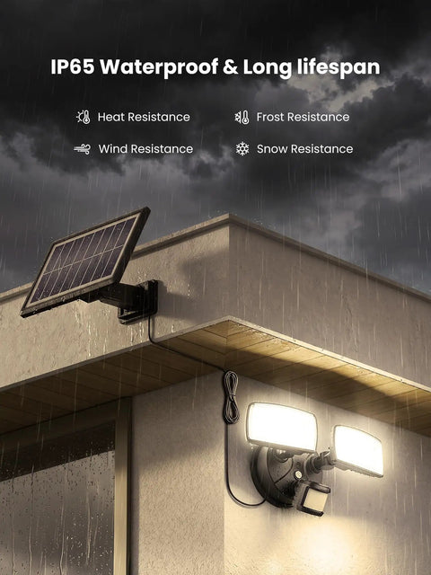 Onforu 36W Solar LED Security Lights, PIR Motion Sensor Outdoor, Yard mounted securely on an exterior wall during rain.