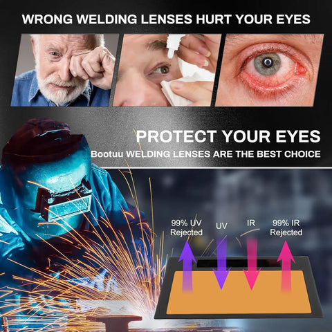 Welding demonstration with Auto Darkening Welding Lens 2x4 1/4 Solar Powered True Color Blue, showing UV and IR protection chart.