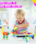 Child playing with 100 Piece Math Linking Cubes Set in 10 Bright Colors for early math, counting, building, and creativity on table.