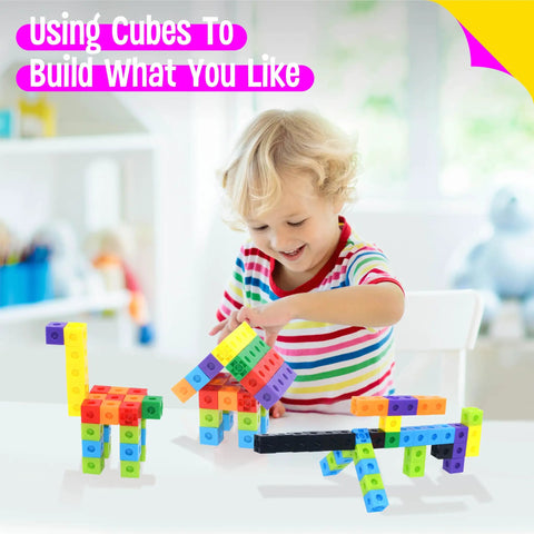 Child playing with 100 Piece Math Linking Cubes Set in 10 Bright Colors for early math, counting, building, and creativity on table.