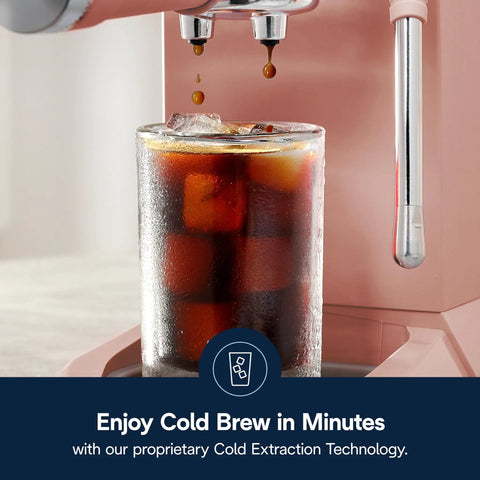 Close-up of glass with iced cold brew coffee under the Compact Espresso Machine And Cold Brew Coffee Maker With Automatic Milk Frother Wand For Next Level Hot Iced Coffee Crafts And Dope Daily Sips In Sleek Rose Pink.