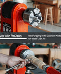 Heavy Duty Wood Lathe Chuck With Self Centering Scroll Jaw System gripping a raw blank for woodturning, showcasing pin jaws and tool usage.