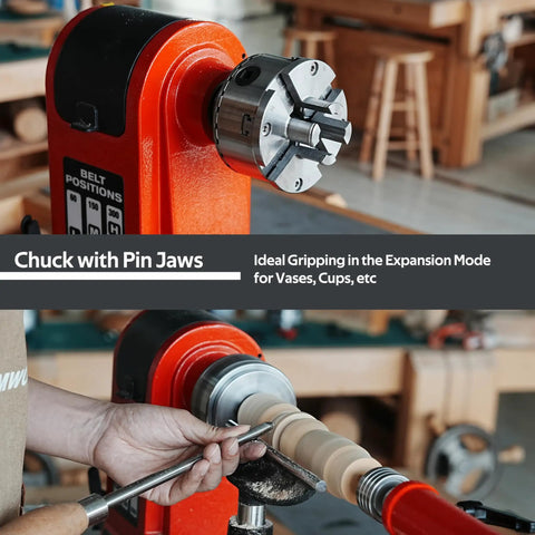 Heavy Duty Wood Lathe Chuck With Self Centering Scroll Jaw System gripping a raw blank for woodturning, showcasing pin jaws and tool usage.