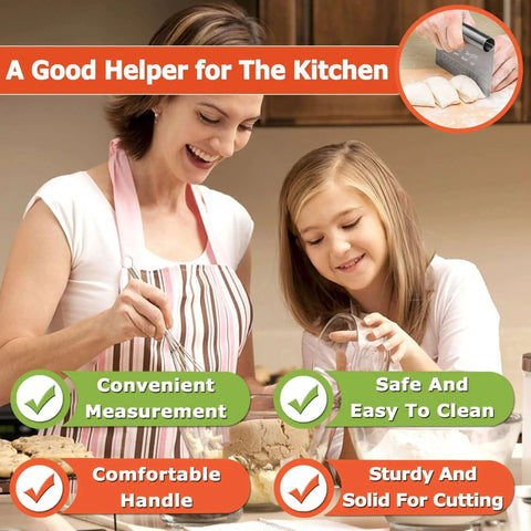Mother and daughter baking with Stainless Steel Pastry Scraper Cutter Chopper With Measuring Scale visible in corner.