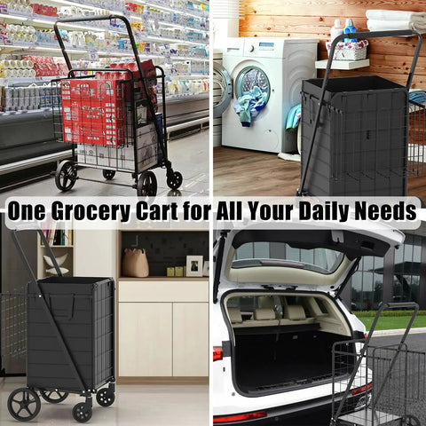 Heavy Duty Folding Grocery Cart With Jumbo Capacity And Waterproof Bag 360 Degree Swivel Wheels in various settings