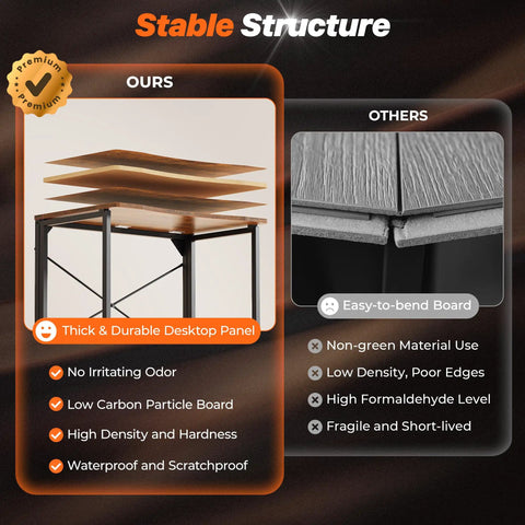 Comparison showing stable structure of Compact Foldable Computer Desk For Small Spaces 31.5 Inch Rustic Brown Writing Table.