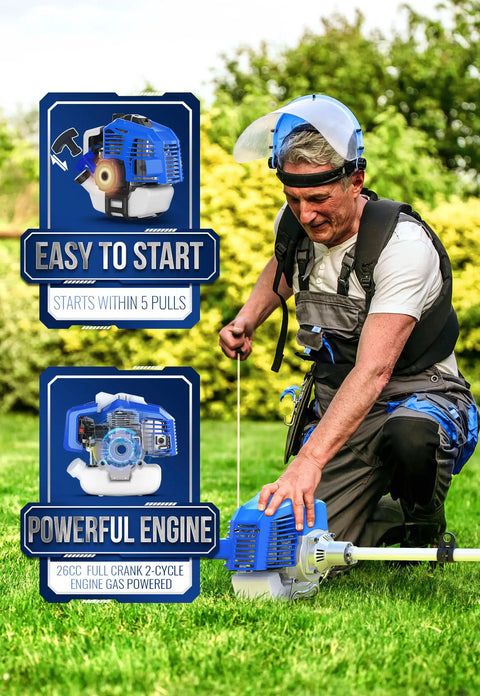 Man using Gas Powered 26cc Weed Wacker 3 In 1 String Trimmer Edger with Easy Start feature in garden