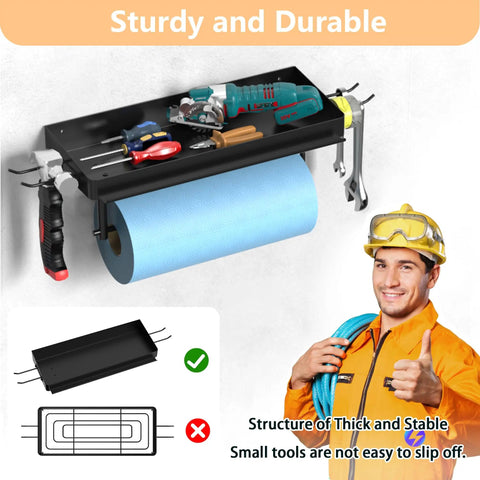 One Hand Tear Garage Paper Towel Holder With Shelf For Wall Mount 12 Inch Shop Paper Towel Dispenser Heavy Duty Iron Black Finish Super Handy Includes 2 Detachable Hooks For Garage And Tool Room, installed with tools on shelf