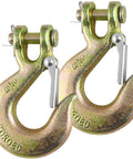 Two Three Eighths Inch Clevis Slip Hook With Latch Grade 70 Forged Steel 18,000 Lbs Capacity hooks with spring latches.