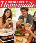 Group enjoying homemade burgers cooked on the SugarWhisk 1200 Watt Electric Indoor Hamburger Grill Press With Nonstick Plates Panini Maker.