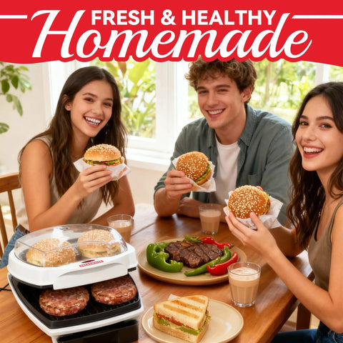Group enjoying homemade burgers cooked on the SugarWhisk 1200 Watt Electric Indoor Hamburger Grill Press With Nonstick Plates Panini Maker.